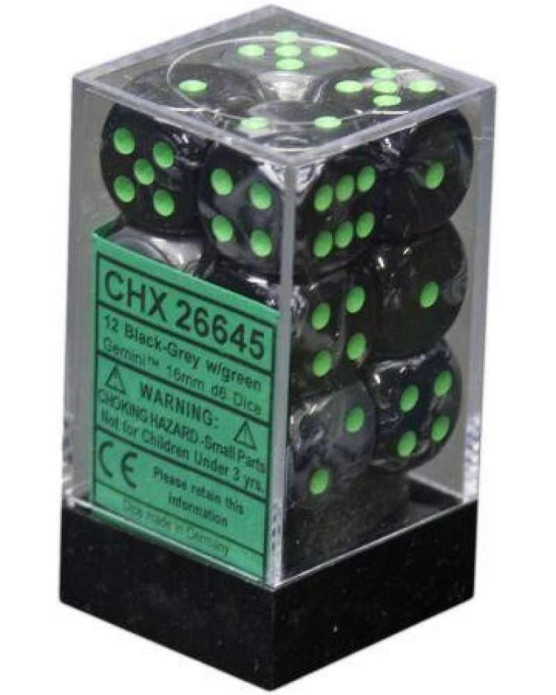 Chessex DND Dice Set D&D Dice-12mm Gemini Black, Grey, and Green Plastic Polyhedral Dice Set-Dungeon