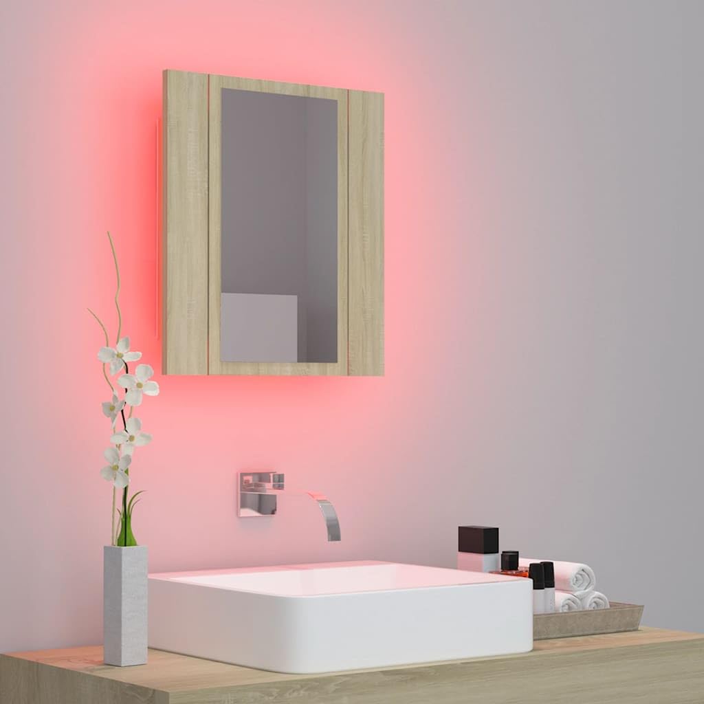 Szafka łazienkowa z lustrem LED, drewno dębowe Sonoma, 40 x 12 x 45 cm, światło RGB, akrylowe lustro, montaż ścienny do łazienki i WC dla gości łącznie z oświetleniem LED, nadaje się do