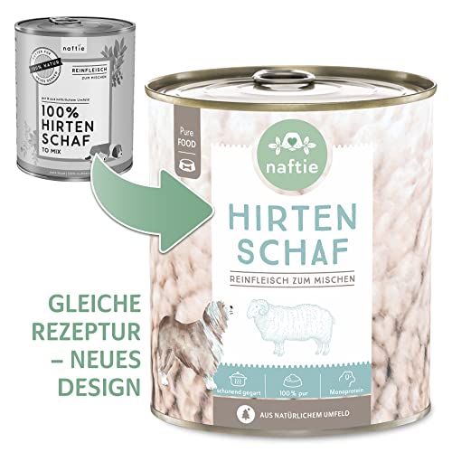 naftie Premium Hundefutter 100% Hirten Schaf - Reinfleisch pur - Nassfutter zum Mischen, Barf-Fleisch - glutenfrei getreidefrei - 800g Dosen
