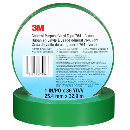 Image of 3M General Purpose Vinyl Tape 764, Green, 1 in x 36 yd, 5 mil, 1 Roll, Individually Wrapped Conveniently Packaged