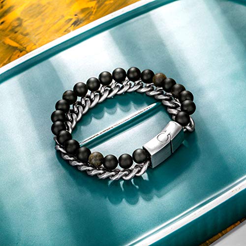 murtoo Mens Bead Leather Bracelet, Blue and Brown Bead and Leather Bracelet for Men (black-silver) - Thumbnail 3