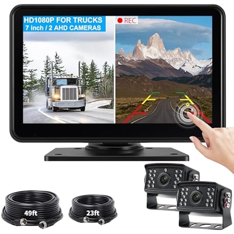 AHD1080P Wired Backup Camera System, 7" Touch Screen Monitor with Split Modes, 2 Reverse Rear View Cameras with IR NightVision, IP68 Waterproof, Anti-Vibration for RV/Truck/Trailer/Tractor/Skid Steer Cover
