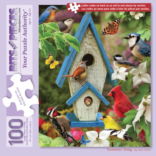 Bits and Pieces Rompecabezas para adultos 100 piezas - Summer Song Birds | Rompecabezas 15" x 19" 100 piezas - Birdhouse Summer Birds Puzzle - Piezas extra grandes para personas mayores - Letras en la parte trasera