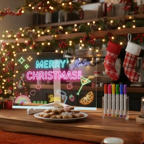 LED Acrylic Dry Erase Board with Light - 11.8"x7.9" Glow Message Board, USB Powered Light Up Memo Board for Office Home School Kitchen, Includes 7 Color Pens & Stand (A4 Size)