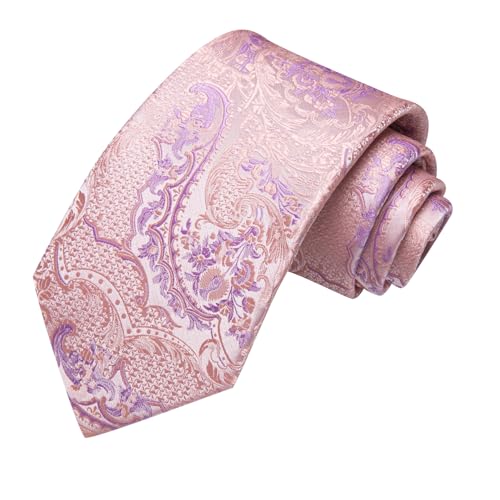 Image of Hi-Tie Mens Light Pink Purple Necktie Set Silk Jacquard Tie and Pocket Square Lapel Pin Silver Tie Clip Cufflinks Set Wedding Business 6PCS
