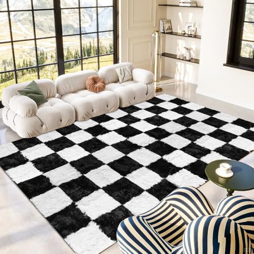 Black and White Checkered Rug 8x10, Shag Area Rug for Living Room or Bedroom, Fluffy Washable Indoor Non-Slip Fuzzy Carpet, Modern Aesthetic Home Decor