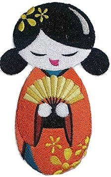 BeyondVision [Custom] Krafty Kokeshi Japanese Doll [Kokeshi and Fan] Embroidery Iron On/Sew Patch [6.16" x 4.4"][Made in USA]
