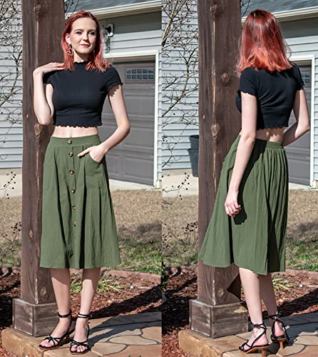 Naggoo Womens Summer Casual Greeen Skirts Elastic Waist Front Button Outfits A Line Midi Skirt With Pockets(L,Army Green) #TOP2