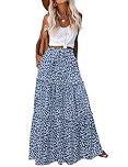 HOTOUCH Maxi Skirts for Women UK Casual Boho Long Skirts Elasticated High Waist A Line Skirts with Pockets Summer Spring Holiday Vacation Skirt Floral Tiny Blue White L
