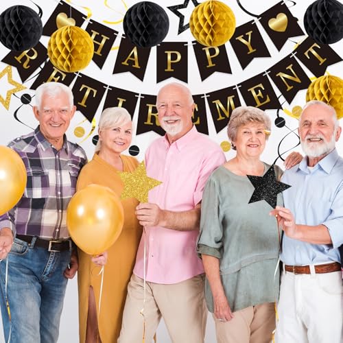 Image of Epakh 24 Pcs Retirement Party Decorations Black Gold Happy Retirement Banner Glitter Stars Hanging Swirl Streamers Honeycomb Balls Circle Dots Garland for Farewell Going Away Job Change Party