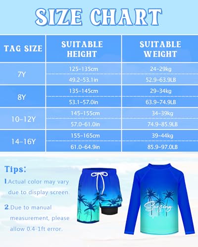 Image of Boys Rash Guard Swim Set with Swim Trunks Bathing Suit Long Sleeve Swim Shirt Quick Dry Swimsuit Kids Swimwear Size 7-16