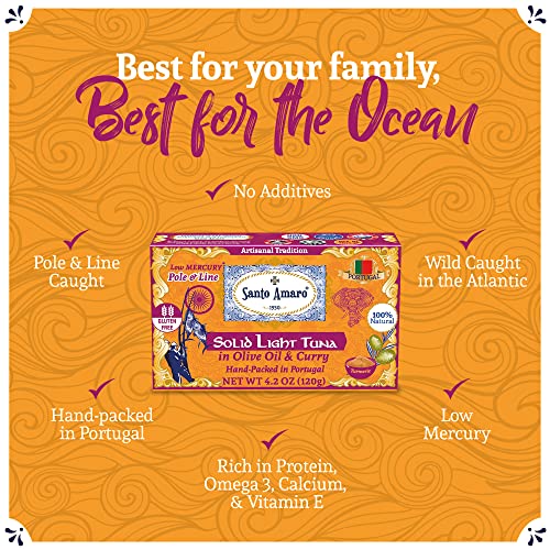 Image of Santo Amaro - Artisanal Wild Tuna Fillets in Olive Oil & Turmeric Curry, Pole & Line Caught from Portugal, Hand-Packed Goa-Style Natural Canned Tuna, 22g Protein, Keto, 124 Cal, Low Mercury, Pack of 6