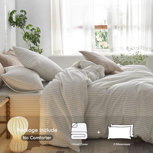 Image of MooMee Striped Duvet Cover Set 100% Washed Cotton Linen Like Full | Relaxed Linen-like Texture. Soft, Breathable & Long-lasting Comfort. Lightweight. Hidden Zipper with 8 Interior Corner Ties