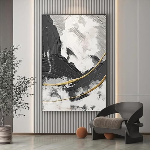 Peinture abstraite noir et blanc avec cadre 40x60 cm pour salon KDOVOKD