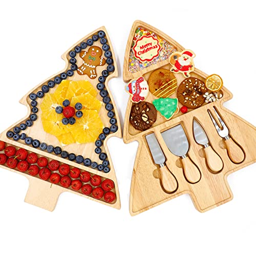 Homease Charcuterie-Bretter und Messer-Set für Einweihungsgeschenk/2 Ebenen Baum-Käsebretter als Weihnachten/Bauernhaus-Dekor/handgefertigte Holztabletts zum Servieren von Käse, Keksen, Gummiholz Cover