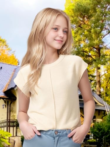 Girls Fall Cap Sleeve Teen Tops Cute Casual Crew Neck Loose Knit Lightweight Vests Fashion Shirts Tops Clothes4