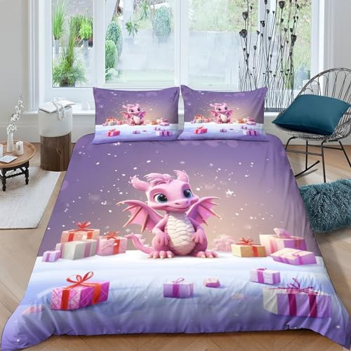 Housse de couette dragon rose avec fermeture éclair anti-glissement