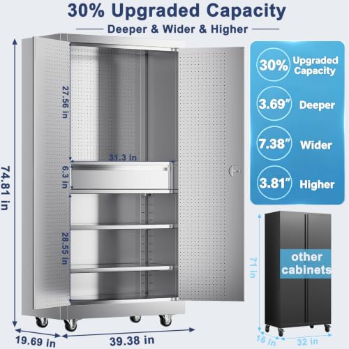 Image of 74 inch Full-assembled Stainless Steel Storage Cabinet with Pegboard and Drawer