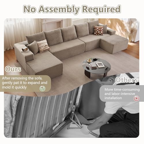 Image of Lakifun 166.9 inch L-Shape Sofa with Ottoman, Modern Modular Sectional Comfy U-Shape Cloud Couch, Deep Seat, Upholstered Corduroy Sleeper Chaise Longue for Living Room Bedroom, No Assembly Required, Camel