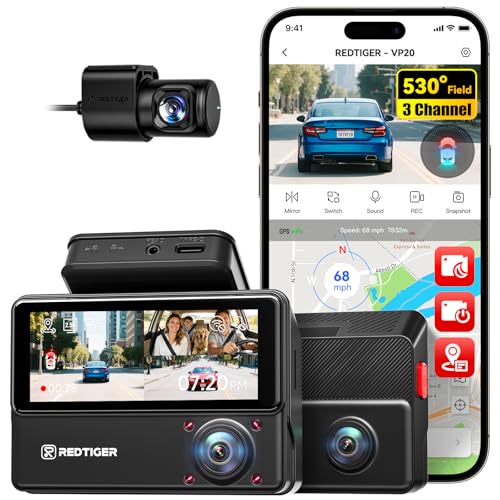 Image of REDTIGER 530 Dash Cam 3 Channel, 2.5K+2.5K+1080P Triple Car Camera with 128GB Card, IR Night Vision, Touch Screen, Dashcam for Front Inside Rear Included WiFi GPS, 24H Parking Mode