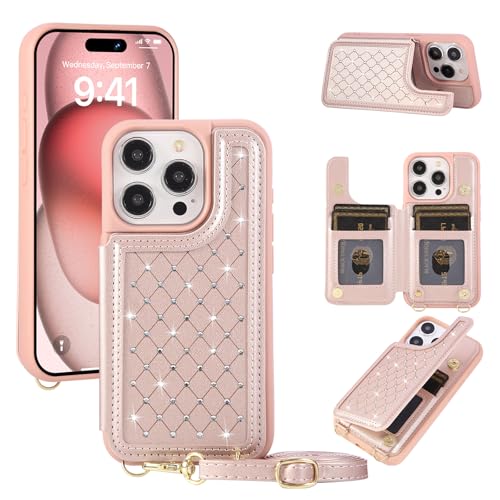 Jcxtrombulous for iPhone 16 Pro Wallet Case with Card Holder Slots and Strap, RFID Blocking Magnetic Flip Folio Cover, Crossbody Purse Protection Case with Kickstand,Rose Gold Diamond by Jcxtrombulous - Used condition - US$16.79
