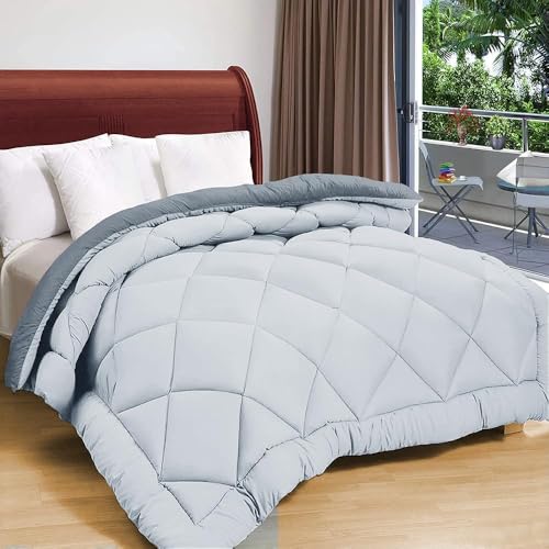 Image of Amazon Brand - Umi AC Comforter Double Bed | AC Blanket Double Bed | 220 GSM Ultra Super Soft Microfiber Reversible Lightweight ALL-Weather Bed Comforter /Duvet /Quilt (90 inchX86 inch Inche, Grey & Light Grey)