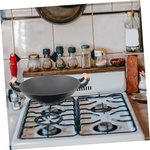 Wok de hierro fundido grueso con mango de madera antiadherente miniatura 3