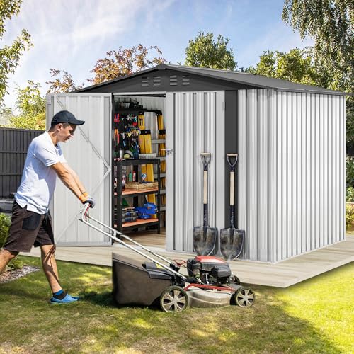 Image of DWVO 7x5FT Outdoor Storage Shelter, Roomy Steel Tool Shed with Secure Entrances & Air Circulation for Patio, Lawn, and Backyard, Ideal for Storing Garden Gear, Lawn Tools, and Bikes, White