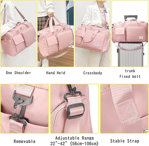 Image of 41L Expandable Travel Duffle Bag for Women | Waterproof Nylon Foldable Travel Bag | Overnight Luggage Handbag with Wet Pocket | Lightweight Carry-On Gym & Weekend Bag for Ladies (Pink Gym Bag)