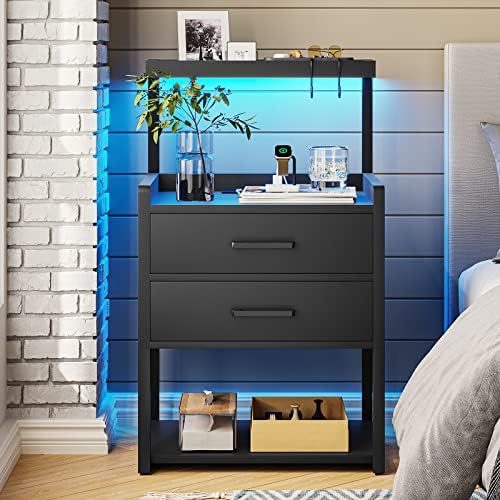 Nightstand with 2 Drawers and CabinetUSB Charging Ports and Remote Control LED Ligh