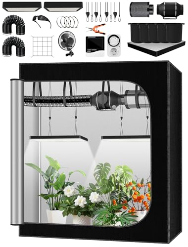 QEANY Komplettes Growzelt Set, 60x120x180cm Growbox, Growzelt-System mit 2x100W LED-Wachstumslicht, automatischem 4-Zoll-Lüfter, Kohlefilter und Lüfter, Indoor Grow Tent Set (60120180TZ)