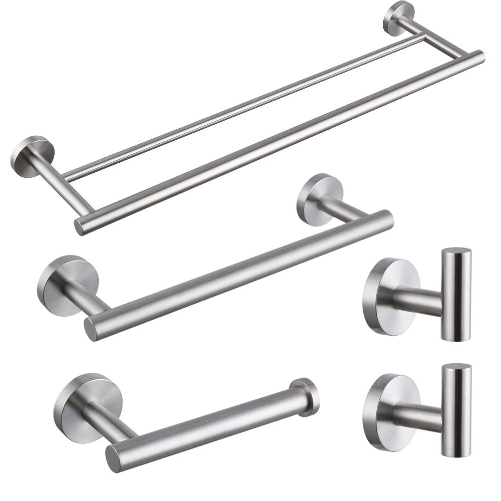 Juego de accesorios de baño de 5 piezas de accesorios de baño de acero inoxidable cepillado montado en la pared – Incluye barra de toalla doble de 18 pulgadas, barra de toalla de mano de 12 pulgadas,