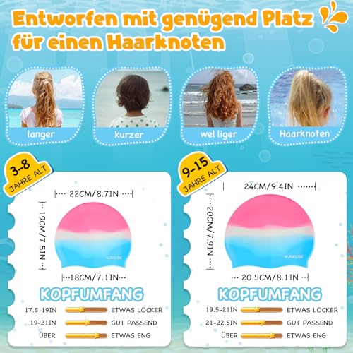 Juclise Silikon Badekappe Mädchen, Kinds und Jungen Wasserdicht für Lange und Kurze Haare UV Schutz, 1-2 Stück (Rosa Blau, 9-15) – Ansicht 5