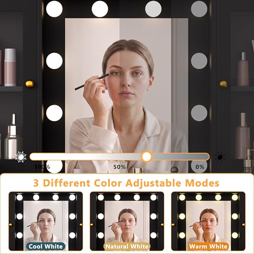 Image of HUANLEGO Black Vanity Desk with Mirror and Lights for Girls Women | Makeup Vanity Mirror with Lights, LED RGB Lights Strip, Power Outlet, 7 Drawers, 2 Storage Cabinets, 3 Color Modes Adjustable
