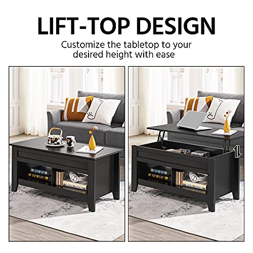Topeakmart Lift Top Coffee Table With Hidden Storage Compartment & Open Shelf, Lift Tabletop Farmhouse Cocktail Table For Living Room, Black #TOP1