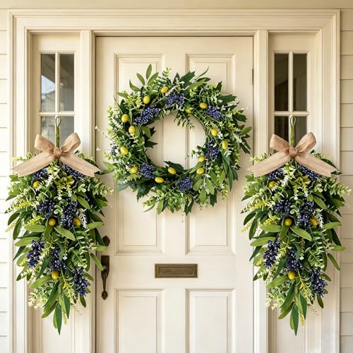 3 PCS Artificial Green Eucalyptus Olives Wreaths for Front Door Spring Summer Greenery Teardrop Swag with Eucalyptus Leaves Boxwood Mixed Berry for Indoor Outdoor Farmhouse Home Festival Wedding Decor by YLOLUL - Image 8