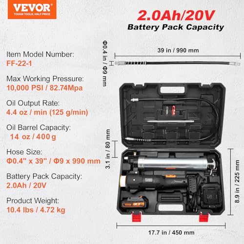 VEVOR Cordless Grease Gun, 20-Volt, 10,000 PSI, 39" Long Hose, Electric Grease Gun Kit Professional High Pressure Battery Powered Grease Gun with Carrying Case, Battery and Charger Included, Black by VEVOR - Image 7