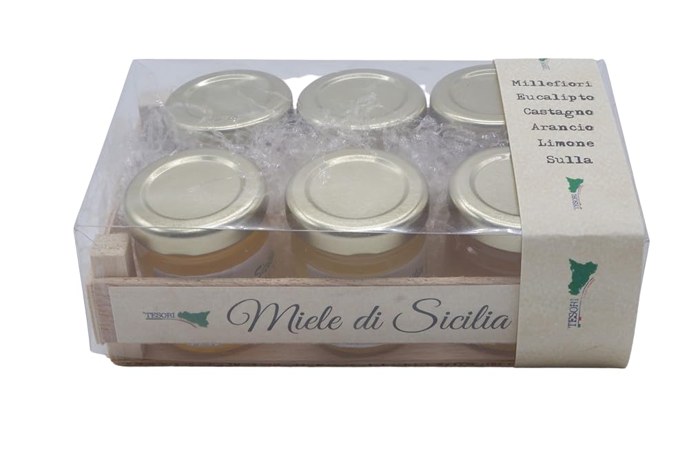 6 Confezioni di 6 Mieli di Sicilia non pastorizzato da 50g nei gusti assortiti: Limone, Arancio, Eucalipto, Sulla, Millefiori, Castagno