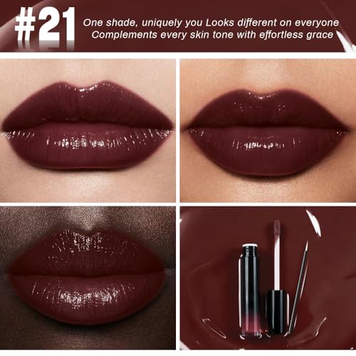 Image of evpct Dark Maroon Red Shiny Longwear No-Budge Liquid Lip Color Lipstick Makeup, Highly Pigmented Color Instant Shine, Waterproof Long Lasting Lipstick for Women, Lip Stain Gloss with Liner Brush, 21#