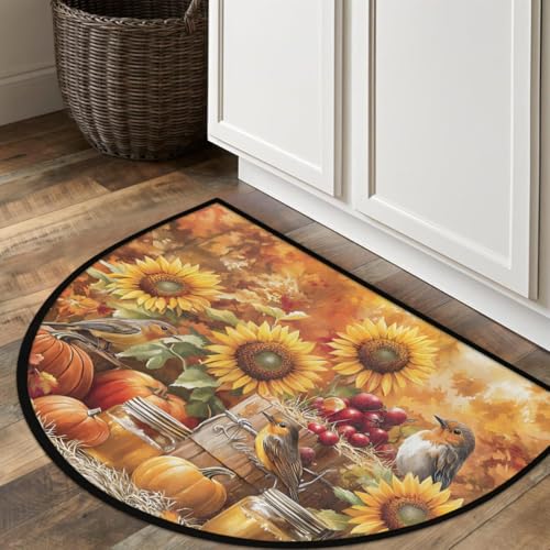 Image of cfpolar Half Round Door Mat Autumn Pumpkin Sunflower Bird Non-Slip Semi Circle Area Rug Washable Half Moon Hearth Rugs for Indoor Outdoor Bathroom Kitchen Patio Runner Mat Laundry Room Home Decoration