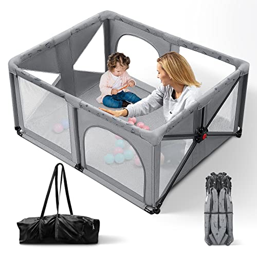 Image of Foldable Baby Playpen, Portable Play Yard with Carry Bag, Lightweight Play Pen for Babies and Toddlers Indoor and Outdoor Use, Easy to Assemble or Disassemble, Compact Size 59x47x28 Inches, Dark Gray