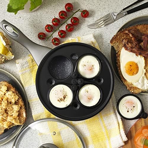 Salter BW05391 Marblestone The Complete Non-Stick Pan with 4 Poacher Cups, for Scrambled/Fried/Poached Eggs, Induction Suitable, Tempered Glass Lid, Soft Touch Handle, Pressed Aluminium, Grey