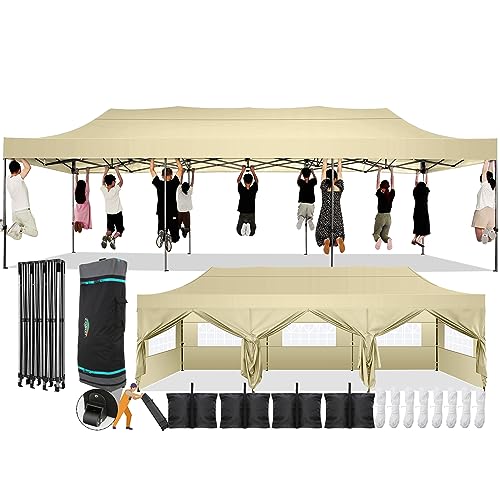 Image of COBIZI 10x30 Pop Up Canopy Tent,Heavy Duty Canopy(Khaki with 8 Sidewalls)