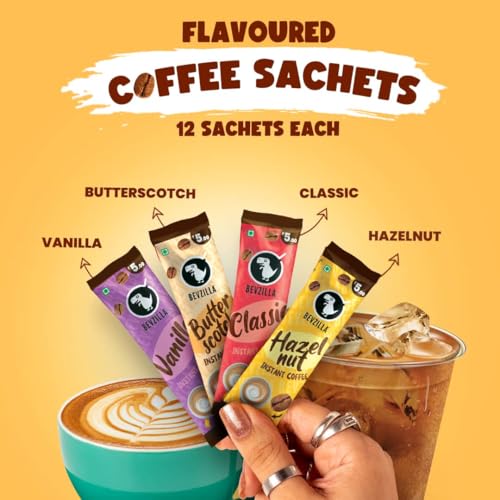Image of Bevzilla 48 Flavoured Coffee Sachets With Frother (48X2 Gram) | 12 Pouch Each Flavour | Hazelnut, Vanilla, Classic & Butterscotch | Cafe Coffee Kit (Pack of 2)