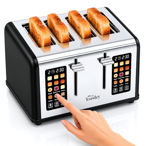 Toastley 4 Slice Smart Toaster with Touchscreen Controls Dual 4.4 Screens 6 Browning Levels & 6 Bread Modes Extra-Wide 120mm Slots Bagel/Defrost/Reheat 1760W Matt Black
