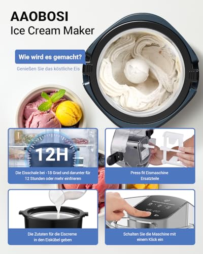 AAOBOSI Eismaschine,Automatische Eismaschine,1,5L Doppelt isolierte Gefrierschale,Gelato,Sorbet,Frozen Yogurt Maker,Hausgemachtes Softeis,Timer – Bild 4