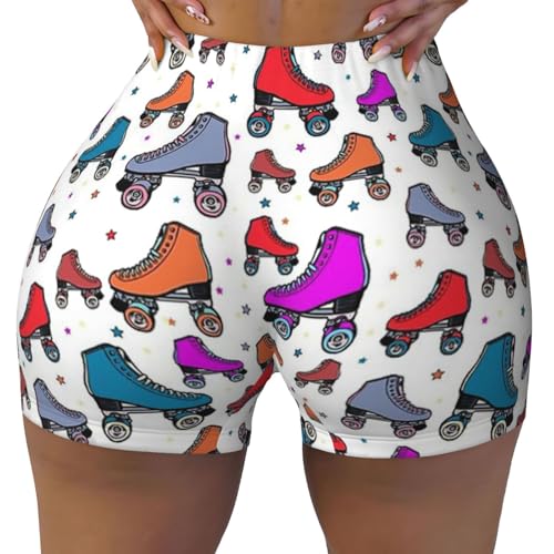 Patines de ruedas con estampado colorido para mujer, pantalones cortos elásticos de verano para gimnasio, prácticos, ejercicio, vacaciones, Negro -, Large