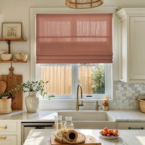 Image of TWOPAGES Isabella No Drill Cordless Roman Shade Linen Textured Cotton Roman Blind for Windows, Custom Made Room Darkening Blackout Roman Window Shade, Hardware Included, Rust Red, 1 Piece
