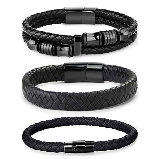 FIBO STEEL 3 PCS Magnetic-Clasp Leather Bracelets for Men Wrap Braided Leather Bracelets Wrist Cuff Bangle 8.0-8.5 Inch