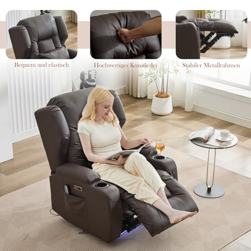 TCGBKAF Relaxsesel mit Liegefunktion, Eletrisch TV Sessel Fernsehsessel Eletrisch Verstellbar Kinosessel Massagesessel mit Wärmefunktion,USB & Getränkehalter,Sessel Wohnzimmer (1, Braun) – Bild 7